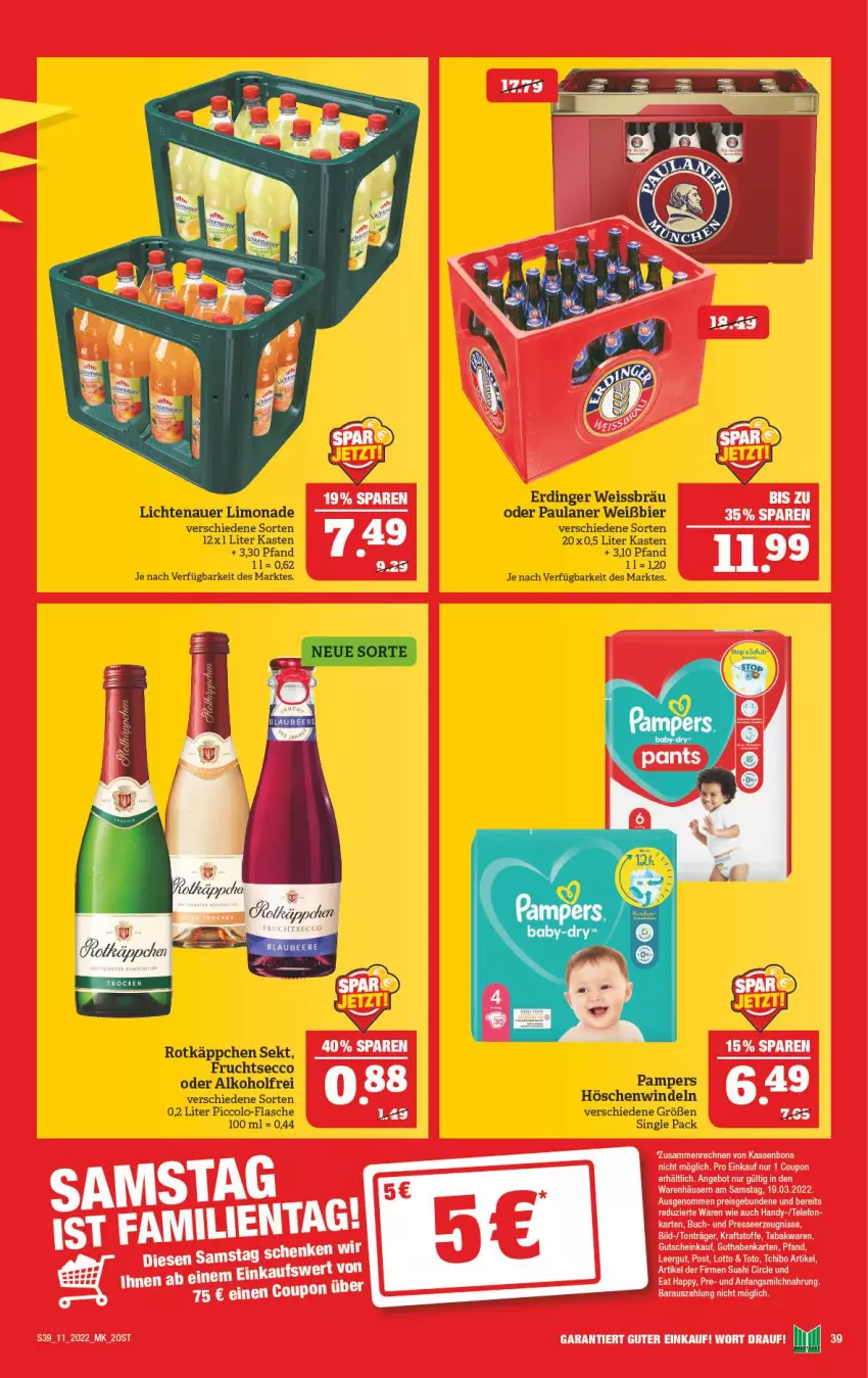 Aktueller Prospekt Marktkauf - Prospekt - von 13.03 bis 19.03.2022 - strona 39 - produkty: alkohol, auer, bier, buch, coupon, ecco, eis, erdinger, flasche, frucht, fruchtsecco, guthabenkarte, gutschein, Handy, kraft, lichtenauer, limo, limonade, milch, pampers, Paula, paulaner, reis, rotkäppchen, sekt, Sushi, telefon, Ti, windeln