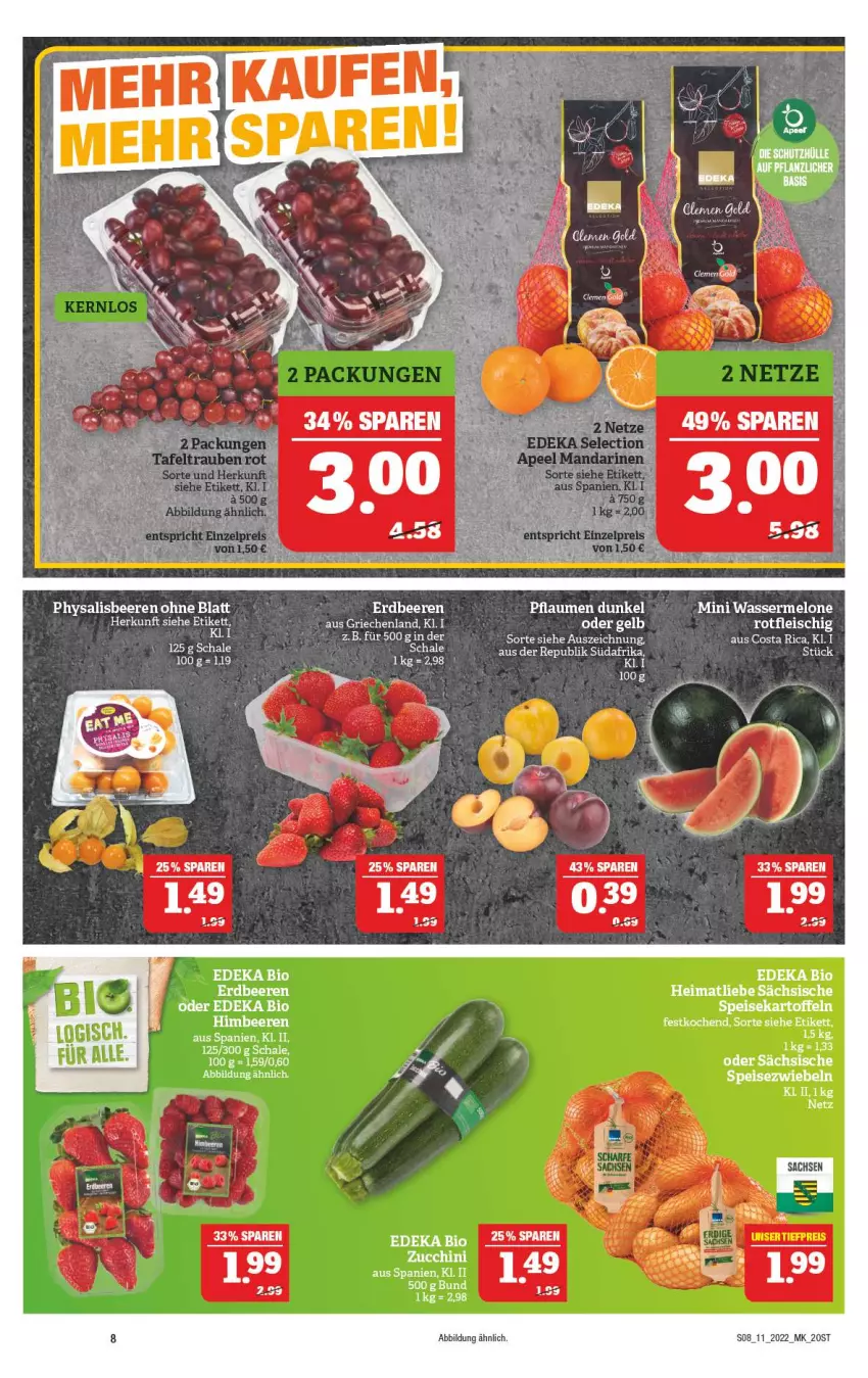 Aktueller Prospekt Marktkauf - Prospekt - von 13.03 bis 19.03.2022 - strona 8 - produkty: beere, beeren, bio, deka, edeka bio, eis, erdbeere, erdbeeren, himbeer, himbeere, himbeeren, kartoffel, kartoffeln, melone, pflaume, pflaumen, Physalis, Schal, Schale, speisekartoffeln, Speisezwiebeln, Ti, wasser, wassermelone, zucchini, zwiebel, zwiebeln