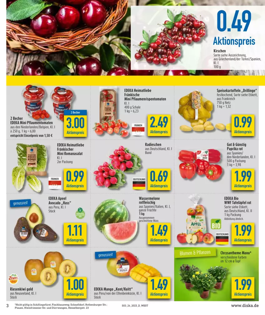 Aktueller Prospekt Diska - Prospekte - von 12.06 bis 17.06.2023 - strona 3 - produkty: aktionspreis, avocado, Becher, bio, burger, deka, edeka bio, eis, Elan, fisch, fleisch, früchte, kartoffel, kartoffeln, kirsch, kirsche, kirschen, kiwi, Kiwi Gold, LG, mango, melone, paprika, pflaume, pflaumen, radieschen, reis, rispentomaten, Romanasalat, salat, Schal, Schale, schnitten, speisekartoffeln, tafeläpfel, Ti, tomate, tomaten, topf, wasser, wassermelone