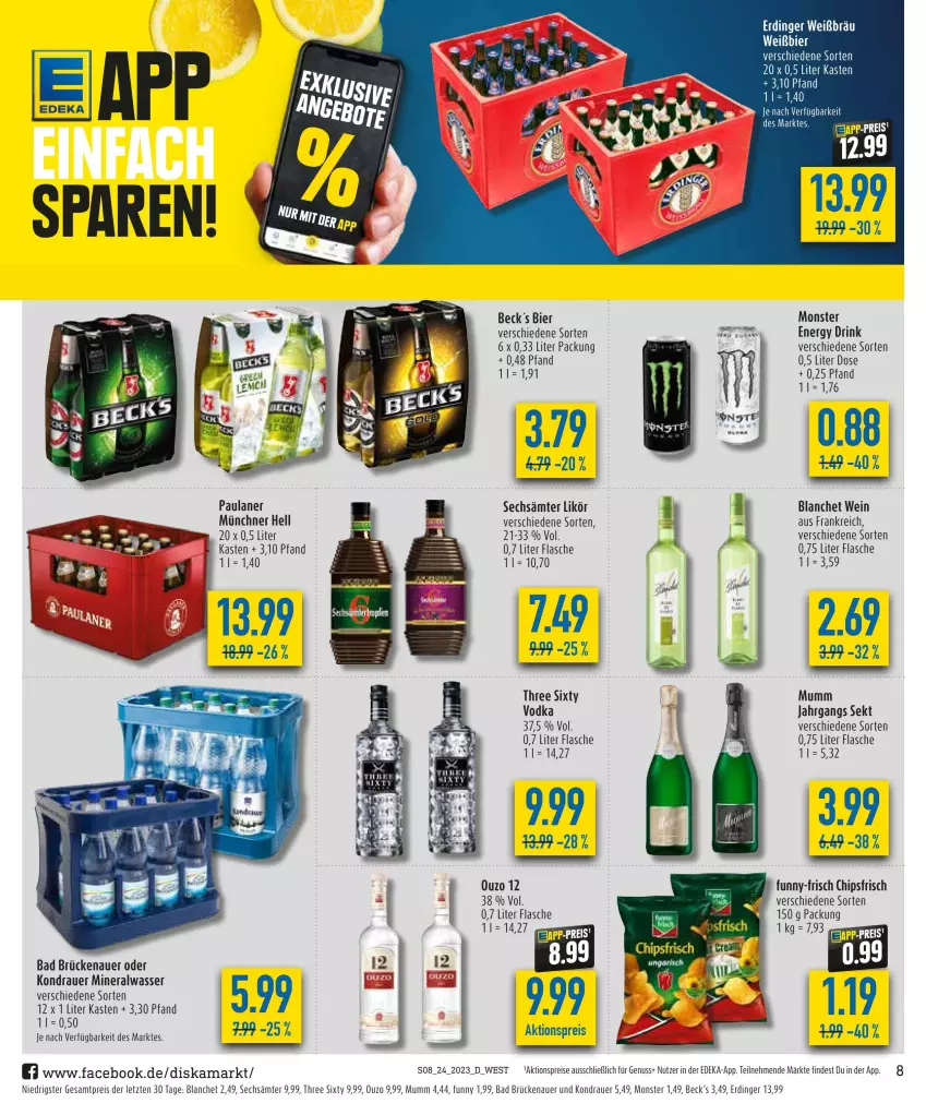 Aktueller Prospekt Diska - Prospekte - von 12.06 bis 17.06.2023 - strona 8 - produkty: aktionspreis, Alwa, auer, Bad, bier, chips, chipsfrisch, deka, drink, eis, elle, energy drink, erdinger, flasche, funny-frisch, likör, mineralwasser, monster, mumm, nuss, ouzo, Paula, paulaner, reis, sekt, Three Sixty, Ti, vodka, wasser, wein, ZTE