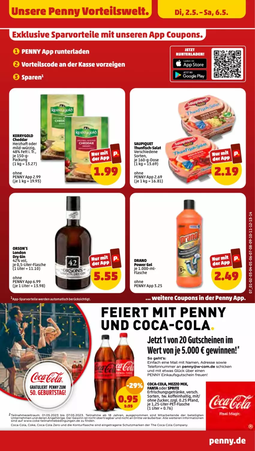 Aktueller Prospekt Penny - Prospekte - von 01.05 bis 06.05.2023 - strona 7 - produkty: cheddar, coca-cola, cola, coupon, coupons, dry gin, eier, erfrischungsgetränk, erfrischungsgetränke, fanta, fanta oder, fanta oder sprite, fisch, flasche, getränk, getränke, gin, gutschein, gutscheine, kerrygold, london dry, london dry gin, Mezzo Mix, oder sprite, pet-flasche, salat, saupiquet, sprite, telefon, thunfisch, Ti, zucker