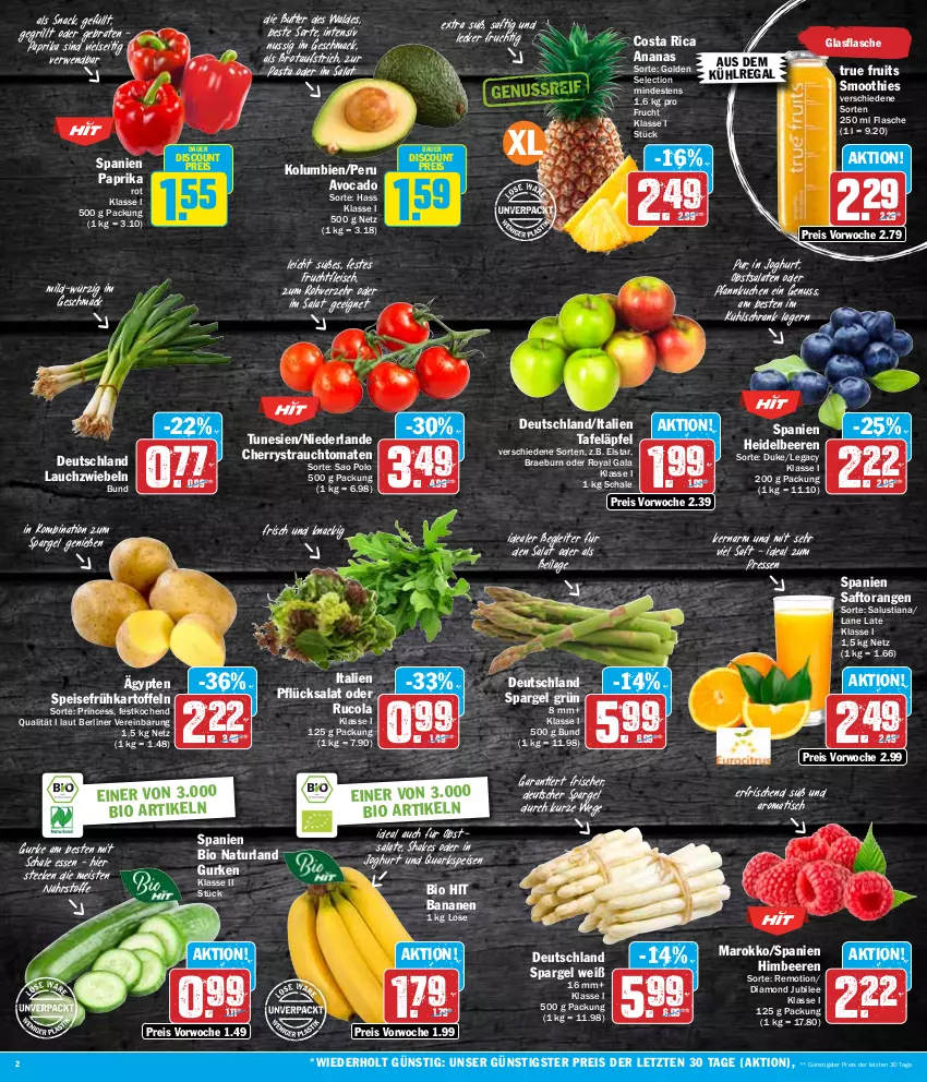 Aktueller Prospekt Hit - Wochenprospekt - von 01.04 bis 06.04.2024 - strona 2 - produkty: ananas, auer, aufstrich, aus dem kühlregal, avocado, banane, bananen, beere, beeren, berliner, bio, bio hit, braten, brot, brotaufstrich, butter, cola, deutscher spargel, discount, eis, flasche, fleisch, frucht, fruchtfleisch, Frühkartoffeln, glasflasche, grill, gurke, gurken, heidelbeere, heidelbeeren, himbeer, himbeere, himbeeren, ilag, joghur, joghurt, kartoffel, kartoffeln, kuchen, kühlregal, kühlschrank, Lauchzwiebel, lauchzwiebeln, Lusti, mac, natur, naturland, nuss, obst, orange, orangen, paprika, paprika rot, pasta, Pfannkuchen, quark, Rauch, regal, reis, rucola, rwe, saft, Saftorangen, salat, salate, Salus, Schal, Schale, Schrank, shake, smoothie, smoothies, snack, spargel, spargel grün, speisefrühkartoffeln, strauchtomaten, tafeläpfel, Ti, tisch, tomate, tomaten, true fruits, ZTE, zwiebel, zwiebeln