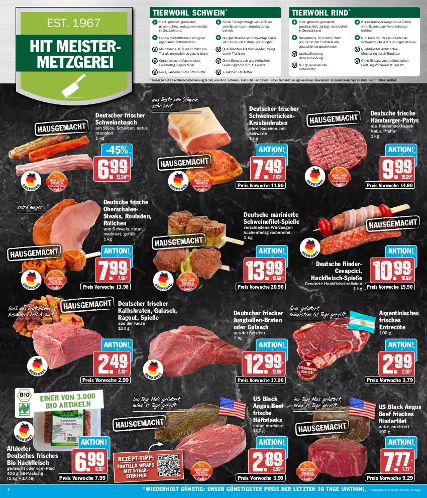 Aktueller Prospekt Hit - Wochenprospekt - von 01.04 bis 06.04.2024 - strona 4 - produkty: auer, Bau, Bauer, beef, bio, braten, burger, cevapcici, eis, entrecôte, filet, fleisch, Geflügel, gewürz, gulasch, hackfleisch, hackfleisch gemischt, hamburger, hüftsteak, hüftsteaks, jungbullen, krustenbraten, küche, Küchen, lack, mais, Meister, monitor, natur, pfeffer, pute, Ragout, reifen, reis, Ria, rind, rinder, rinderfilet, rinderhackfleisch, ring, rouladen, Schal, Schale, schwein, schweine, Schweinebauch, schweinefilet, schweinerücken, Spezi, Sport, steak, steaks, Ti, Tiere, tisch, tortilla, wein, weine, wrap, wraps, ZTE