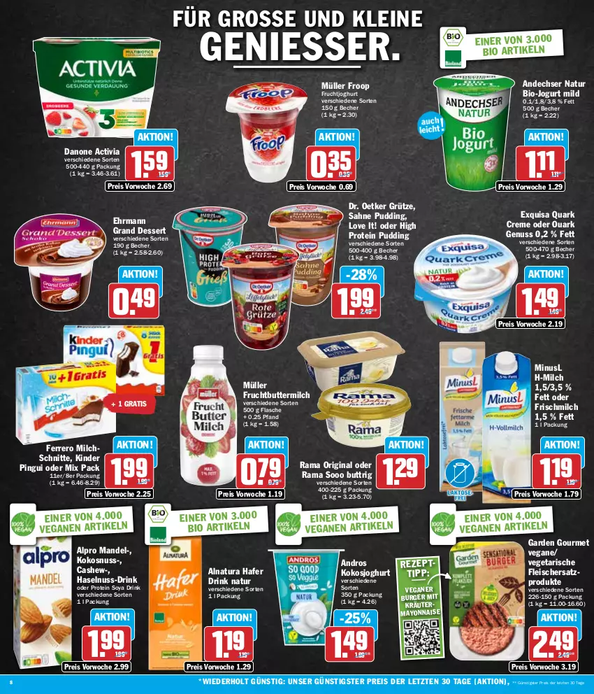 Aktueller Prospekt Hit - Wochenprospekt - von 01.04 bis 06.04.2024 - strona 8 - produkty: activia, alpro, andechser natur, Becher, bio, burger, butter, buttermilch, Cashew, creme, danone, danone activia, dessert, Dr. Oetker, drink, ehrmann, Ehrmann Grand Dessert, eis, exquisa, ferrero, flasche, fleisch, froop, frucht, fruchtjoghurt, garden gourmet, gin, grütze, hafer, haselnuss, joghur, joghurt, jogurt, Kinder, kinder pingui, kokos, kokosnuss, kräuter, leine, mandel, mayonnaise, milch, Milchschnitte, Müller, müller froop, natur, natura, nuss, pingui, pudding, quark, rama, reis, sahne, soya, Ti, Vegeta, Yo, ZTE