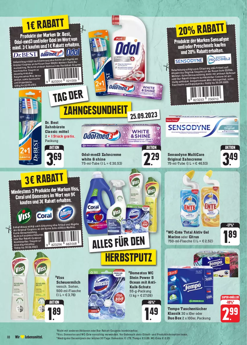 Aktueller Prospekt E Center - Angebote der Woche - von 25.09 bis 30.09.2023 - strona 22 - produkty: aktiv gel, bürste, citrus, Coral, coupon, coupons, creme, deka, domestos, Dr. Best, eis, ente, flasche, Gesundheit, gin, Heu, LG, milch, Odol, rabatt-coupon, Rauch, reis, rwe, scheuermilch, sensodyne, super-knüller, Tasche, taschen, taschentücher, Tempo, Ti, tücher, zahnbürste, zahncreme, ZTE