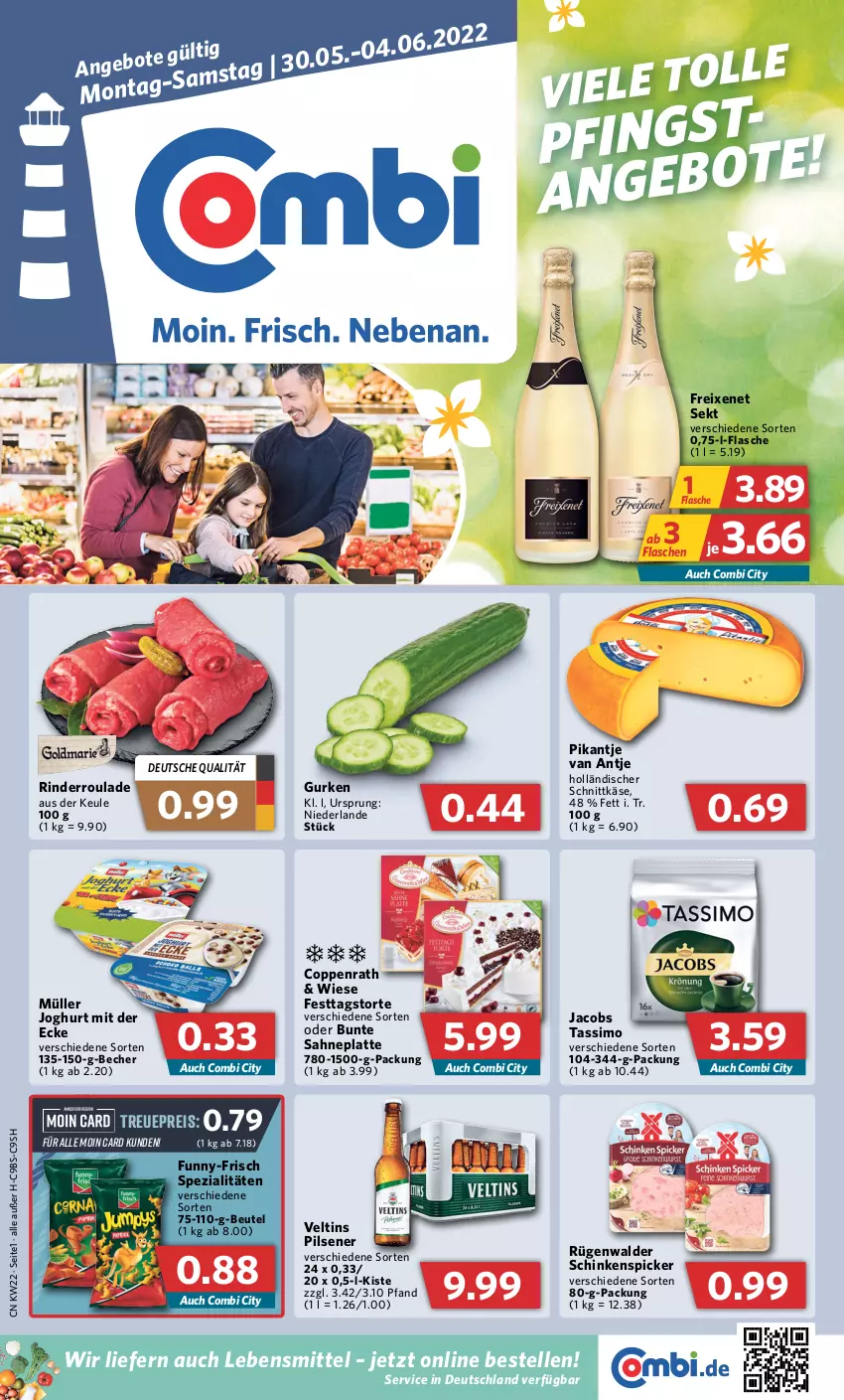 Aktueller Prospekt Combi - Prospekte - von 30.05 bis 04.06.2022 - strona 1 - produkty: Becher, beutel, coppenrath, eis, elle, flasche, freixenet, funny-frisch, gurke, gurken, holländischer schnittkäse, jacobs, jacobs tassimo, joghur, joghurt, joghurt mit der ecke, Käse, latte, lebensmittel, Müller, pils, pilsener, reis, rind, rinder, Rinderroulade, rügenwalder, sahne, schinken, Schinkenspicker, schnittkäse, sekt, sim, Spezi, tassimo, Ti, torte, veltins, veltins pilsener