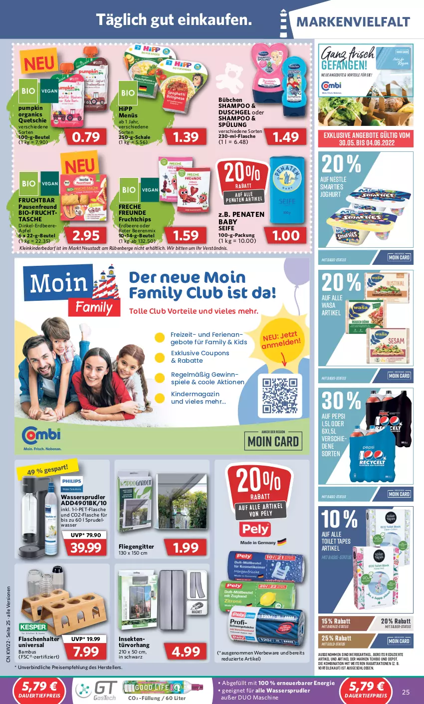 Aktueller Prospekt Combi - Prospekte - von 30.05 bis 04.06.2022 - strona 25 - produkty: angebot, angebote, apfel, auer, bambus, beere, beeren, beutel, bio, bübchen, chips, coupon, coupons, dauertiefpreis, duschgel, eis, elle, erdbeere, flasche, fliegengitter, freche freunde, frucht, gewinnspiel, hipp, joghur, joghurt, Kinder, Liege, magazin, pely, penaten, pepsi, pet-flasche, reis, Schal, Schale, Seife, sekt, senf, shampoo, smarties, Spiele, Sprudel, spülung, Tasche, Tchibo, teller, Ti, tiefpreis, wasa, wasser, wassersprudler