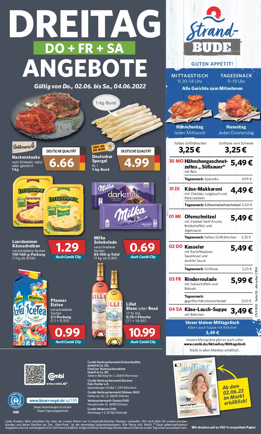 Aktueller Prospekt Combi - Prospekte - von 30.05 bis 04.06.2022 - strona 28 - produkty: angebot, angebote, auer, axe, Berger, brot, brötchen, cheddar, deutscher spargel, drucker, eis, eistee, elle, Engel, erde, felix, fisch, fische, Fischer, flasche, Gegrillte Hähnchenschenkel, gewürz, grill, grillhähnchen, grillhaxe, hähnchenschenkel, Haxe, henkel, kartoffel, kartoffeln, Kartoffelpüree, Käse, käsescheiben, kasseler, kerze, korn, Kraut, lachs, leerdammer, leine, lillet, magazin, milka, milka schokolade, Nackensteak, nackensteaks, natur, obst, Ofen, papier, pfanne, Pfanner, püree, Rauch, reis, rezept, rezepte, rind, rinder, Rinderroulade, röstzwiebeln, rotkohl, salz, sauce, Sauerkraut, schenkel, schnitzel, schoko, schokolade, schwein, schweine, Schweinelachs, senf, snack, spareribs, spargel, steak, steaks, suppe, tee, Ti, tisch, uhr, Vegeta, veggie, wein, weine, Zelt, zwiebel, zwiebeln