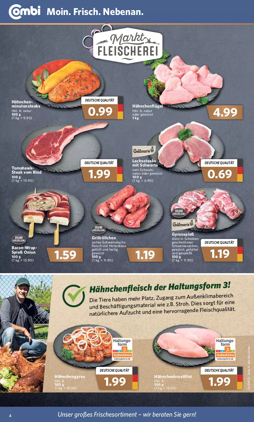 Aktueller Prospekt Combi - Prospekte - von 30.05 bis 04.06.2022 - strona 4 - produkty: bacon, brustfilet, eis, filet, fleisch, gewürz, grill, gyros, hähnchenbrust, hähnchenbrustfilet, Hähnchenfleisch, Hähnchengyros, hirtenkäse, Käse, lachs, mab, minutensteaks, natur, Ria, rind, schnitten, schwein, schweine, Schweinelachs, schweinenacken, steak, steaks, Ti, Tiere, wein, weine, wrap, wraps