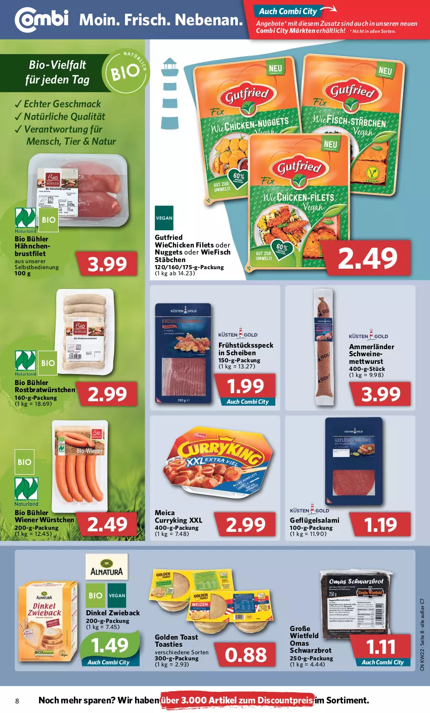 Aktueller Prospekt Combi - Prospekte - von 30.05 bis 04.06.2022 - strona 8 - produkty: ammerländer, angebot, angebote, asti, bio, brot, brustfilet, curry, discount, eis, filet, filets, fisch, Frühstücksspeck, Geflügel, golden toast, gutfried, mac, meica, merl, Mett, mettwurst, natur, nuggets, reis, salami, Schwarzbrot, schwein, schweine, Speck, Ti, toast, wein, weine, wiener, wiener würstchen, wurst, würstchen