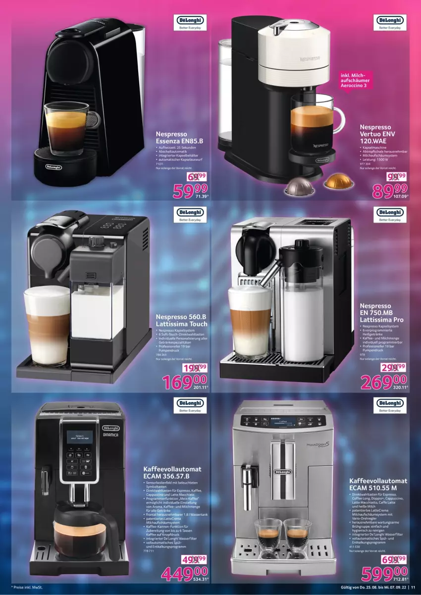 Aktueller Prospekt Selgros - Technik - von 25.08 bis 07.09.2022 - strona 11 - produkty: ACC, auto, bett, caffe, Cap, cappuccino, chia, cin, eis, elle, espresso, kaffee, kaffeevollautomat, latte, Leuchte, mac, milch, nespresso, reis, Schal, Schale, sim, tasse, tee, Ti, tisch