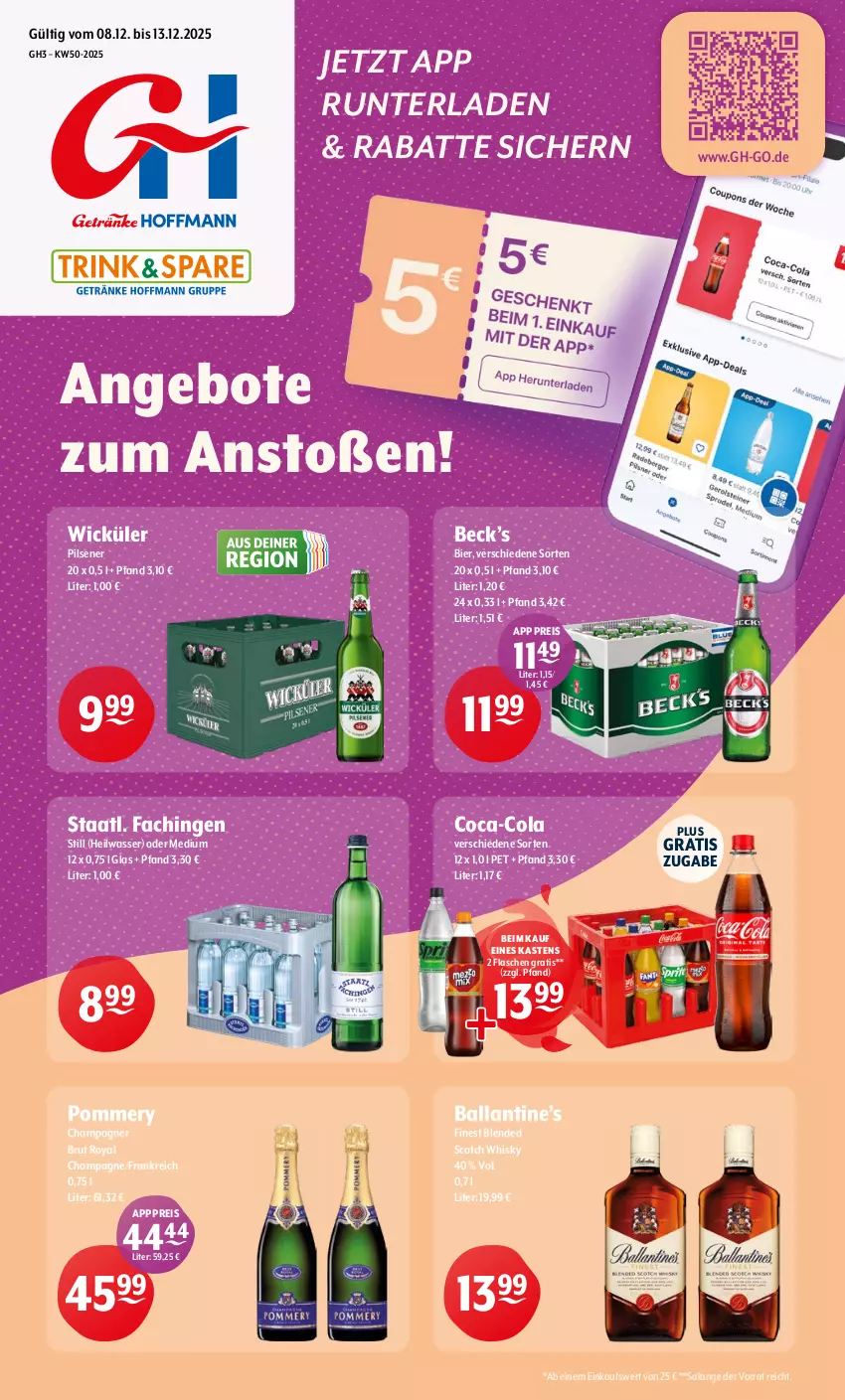 Aktueller Prospekt Getraenke Hoffmann - Prospekte - von 08.12 bis 13.12.2025 - strona 1 - produkty: angebot, angebote, ball, bier, blended scotch, blended scotch whisky, brut, champagne, champagner, coca-cola, cola, eis, flasche, pils, pilsener, reis, scotch, scotch whisky, Staatl. Fachingen, Ti, wasser, whisky, WICK