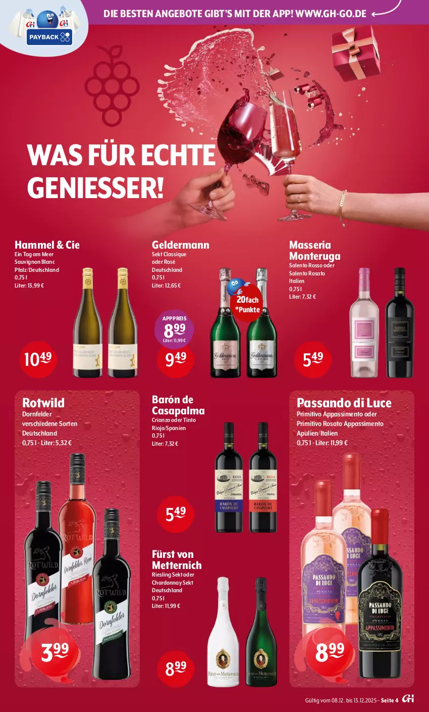 Aktueller Prospekt Getraenke Hoffmann - Prospekte - von 08.12 bis 13.12.2025 - strona 4 - produkty: angebot, angebote, chardonnay, dornfelder, eis, fürst von metternich, geldermann, Mett, metternich, monte, primitivo, reis, Ria, riesling, rioja, rosato, sauvignon, sauvignon blanc, sekt, sim, Ti, Wild