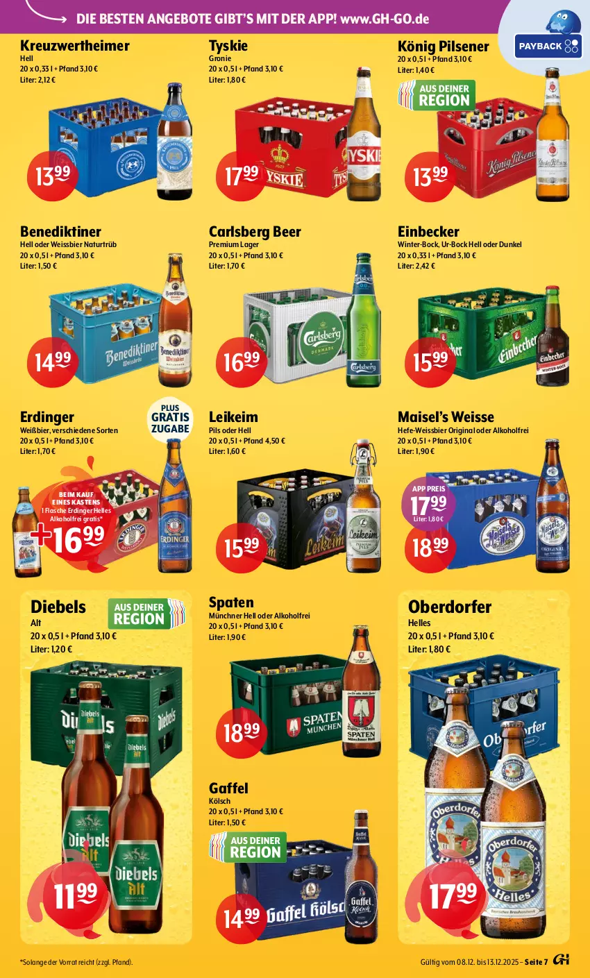 Aktueller Prospekt Getraenke Hoffmann - Prospekte - von 08.12 bis 13.12.2025 - strona 7 - produkty: alkohol, angebot, angebote, Benediktiner, bier, carlsberg, carlsberg beer, diebels, eimer, eis, elle, erdinger, flasche, gin, Hefe, könig pilsener, mais, natur, pils, pilsener, reis, Spaten, Ti, tyskie, weissbier