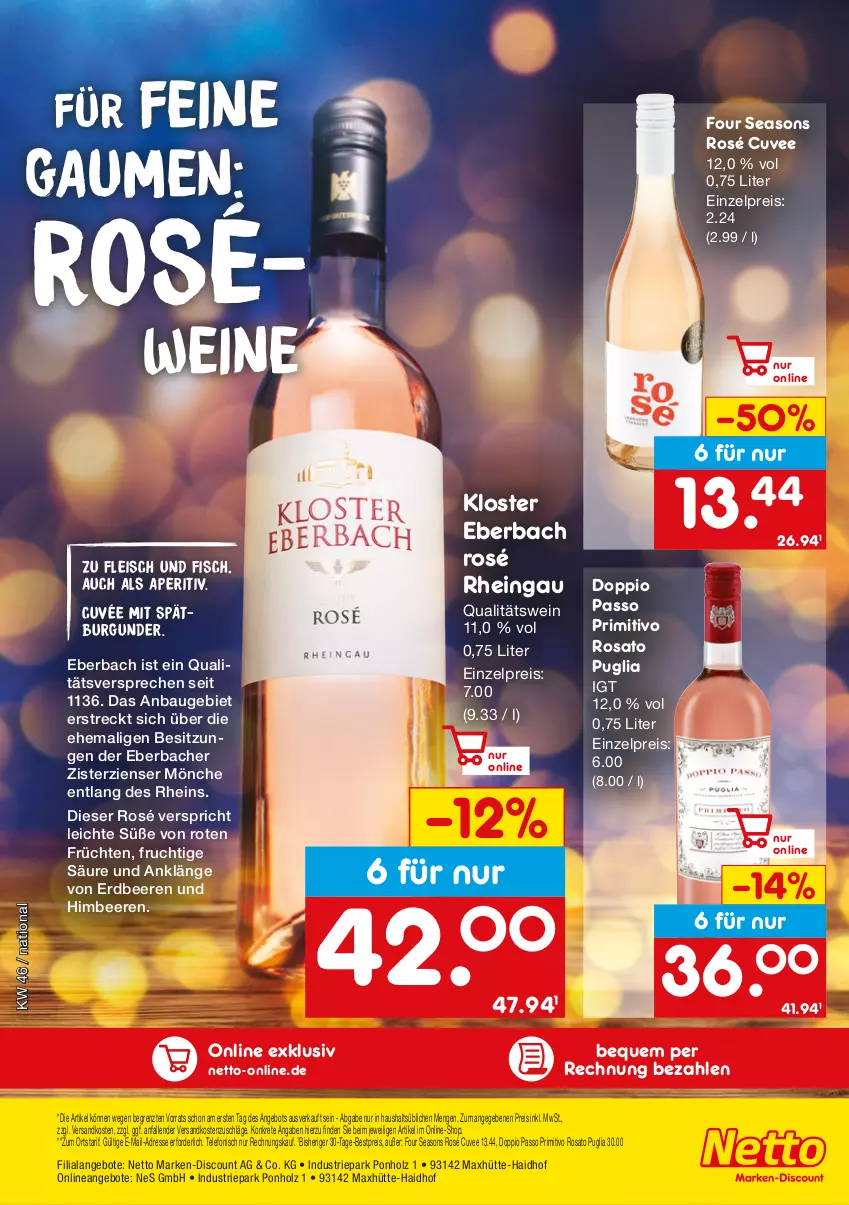 Aktueller Prospekt Netto Marken-Discount - Online-SonderangeboteWein & Spirituosen - von 14.11 bis 31.12.2022 - strona 10 - produkty: angebot, angebote, Bau, beere, beeren, bestpreis, burgunder, cuvée, discount, doppio passo, eis, erdbeere, erdbeeren, fisch, fleisch, frucht, früchte, früchten, himbeer, himbeere, himbeeren, Holz, Kloster Eberbach, marken-discount, ndk, passo, primitivo, qualitätswein, reis, rosato, spätburgunder, telefon, Ti, wein, weine, ZTE