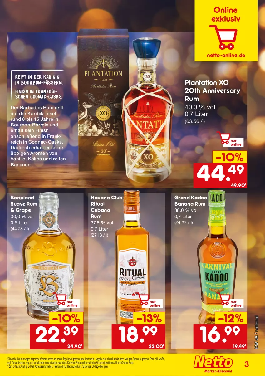 Aktueller Prospekt Netto Marken-Discount - Online-SonderangeboteWein & Spirituosen - von 14.11 bis 31.12.2022 - strona 3 - produkty: angebot, Bad, banane, bananen, bestpreis, bourbon, Cognac, eis, Finish, Havana Club, kokos, ndk, reifen, reis, rel, rum, telefon, Ti, vanille, ZTE