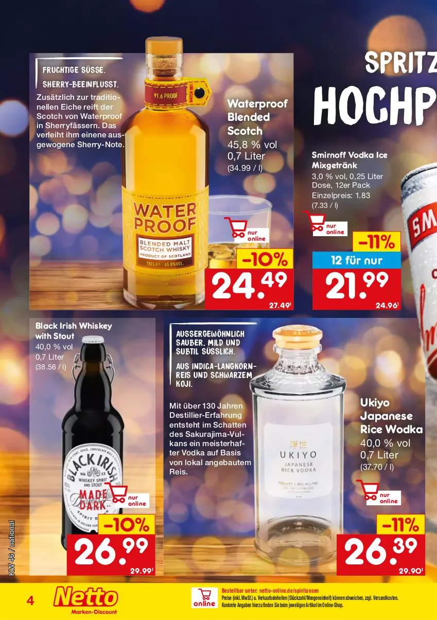 Aktueller Prospekt Netto Marken-Discount - Online-SonderangeboteWein & Spirituosen - von 14.11 bis 31.12.2022 - strona 4 - produkty: Bau, blended scotch, eis, elle, frucht, getränk, HP, irish whiskey, korn, lack, Langkornreis, Meister, Mixgetränk, ndk, reis, scotch, smirnoff, spirituosen, Ti, vodka, whiskey, wodka, Yo