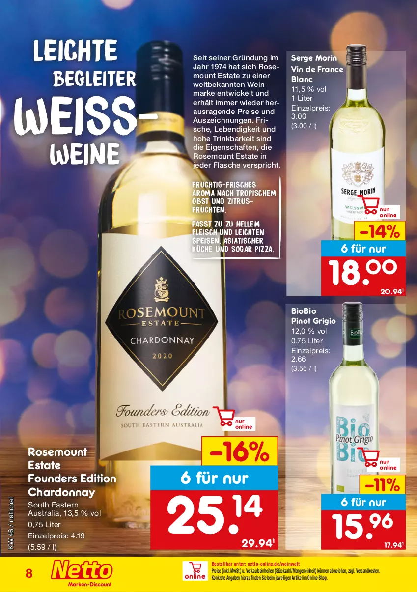 Aktueller Prospekt Netto Marken-Discount - Online-SonderangeboteWein & Spirituosen - von 14.11 bis 31.12.2022 - strona 8 - produkty: aust, bio, biobio, chardonnay, eis, elle, flasche, fleisch, frucht, früchte, früchten, küche, ndk, obst, Pinot, pinot grigio, pizza, reis, Ti, tisch, vin de france, wein, weine, WICK