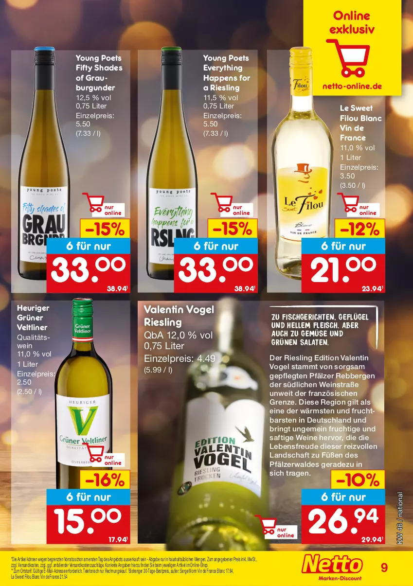 Aktueller Prospekt Netto Marken-Discount - Online-SonderangeboteWein & Spirituosen - von 14.11 bis 31.12.2022 - strona 9 - produkty: angebot, bestpreis, burgunder, eis, elle, fisch, fleisch, frucht, Geflügel, grauburgunder, grüner veltliner, Heu, ndk, qualitätswein, reis, riesling, ring, saft, salat, salate, telefon, Ti, vin de france, wein, weine, Yo, ZTE