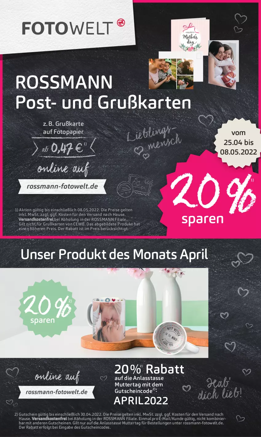 Aktueller Prospekt Rossmann - Prospekte - von 25.04 bis 29.04.2022 - strona 14 - produkty: cewe, eis, gutschein, gutscheine, LG, ndk, papier, pril, reis, tasse, Ti, versandkostenfrei