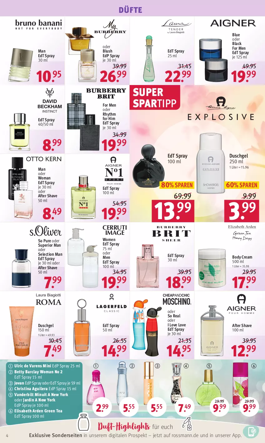 Aktueller Prospekt Rossmann - Prospekte - von 25.04 bis 29.04.2022 - strona 4 - produkty: after shave, bett, body, Burberry, duschgel, edp spray, edt spray, green tea, lack, laura biagiotti, spartipp, Ti, Yo