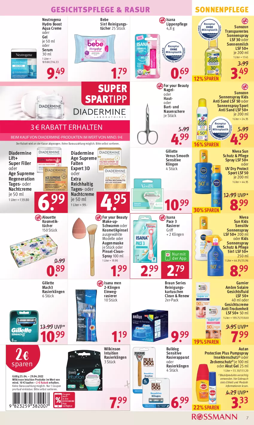 Aktueller Prospekt Rossmann - Prospekte - von 25.04 bis 29.04.2022 - strona 7 - produkty: alouette, Ambre Solaire, aqua, Augenmaske, Autan, auto, Bebe, bio, biozidprodukte, braun, Bulldog, coupon, creme, dell, Diadermine, einwegrasierer, elle, ente, For Your Beauty, garnier, Gesichtscreme, gesichtspflege, gillette, gillette venus, insektenschutz, isana, kosmetik, Kosmetiktücher, Lippenpflege, mac, mach3, Make-up, Maske, milch, Mode, nachtcreme, neutrogena, nivea, nivea sun, Pinsel, rasierapparat, rasierer, Rasierklinge, rasierklingen, Rauch, Reinigung, reinigungstücher, rum, rwe, sana, Schere, schwamm, sekt, Serum, sonnenmilch, sonnenspray, spartipp, Sport, Ti, Tiere, tücher, venus, wilkinson, Yo