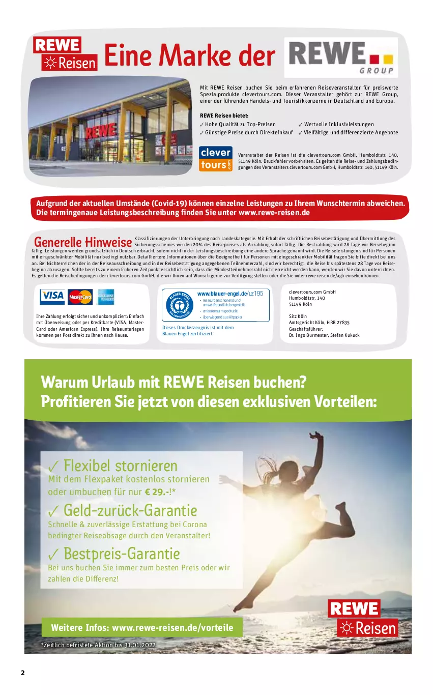 Aktueller Prospekt Rewe Reisen - Reiseprospekt - von 23.12.2021 bis 31.01.2022 - strona 2 - produkty: alpro, angebot, angebote, auer, bestpreis, buch, corona, drucker, eis, elle, Engel, erde, geld-zurück-garantie, gin, inklusivleistungen, kerze, LG, mastercard, papier, reis, reiseveranstalter, rel, ring, rum, Spezi, Ti, Tiere, top-preis