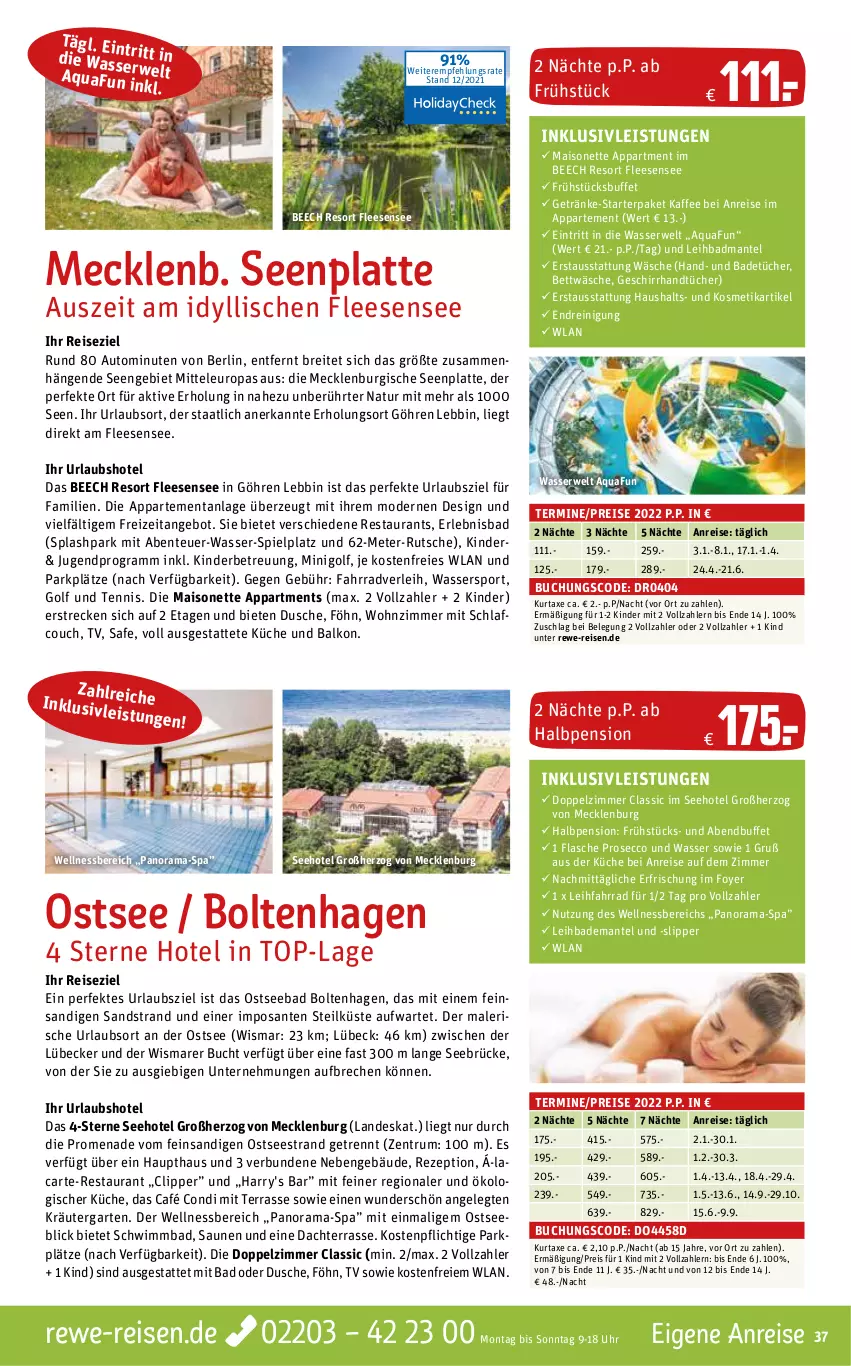 Aktueller Prospekt Rewe Reisen - Reiseprospekt - von 23.12.2021 bis 31.01.2022 - strona 37 - produkty: angebot, aqua, auto, axe, Bad, Bademantel, bett, bettwäsche, Brei, buch, Couch, dusche, ecco, eier, eis, ente, Fahrrad, flasche, Garten, geschirr, getränk, getränke, handtücher, HP, inklusivleistungen, kaffee, Kinder, kosmetik, kräuter, küche, kurtaxe, latte, Lübecker, mais, Mantel, Mode, natur, prosecco, rama, Reinigung, reis, rezept, rum, rwe, SANTE, slip, Slipper, Sport, Ti, tücher, uhr, wasser, Wassersport, wellnessbereich