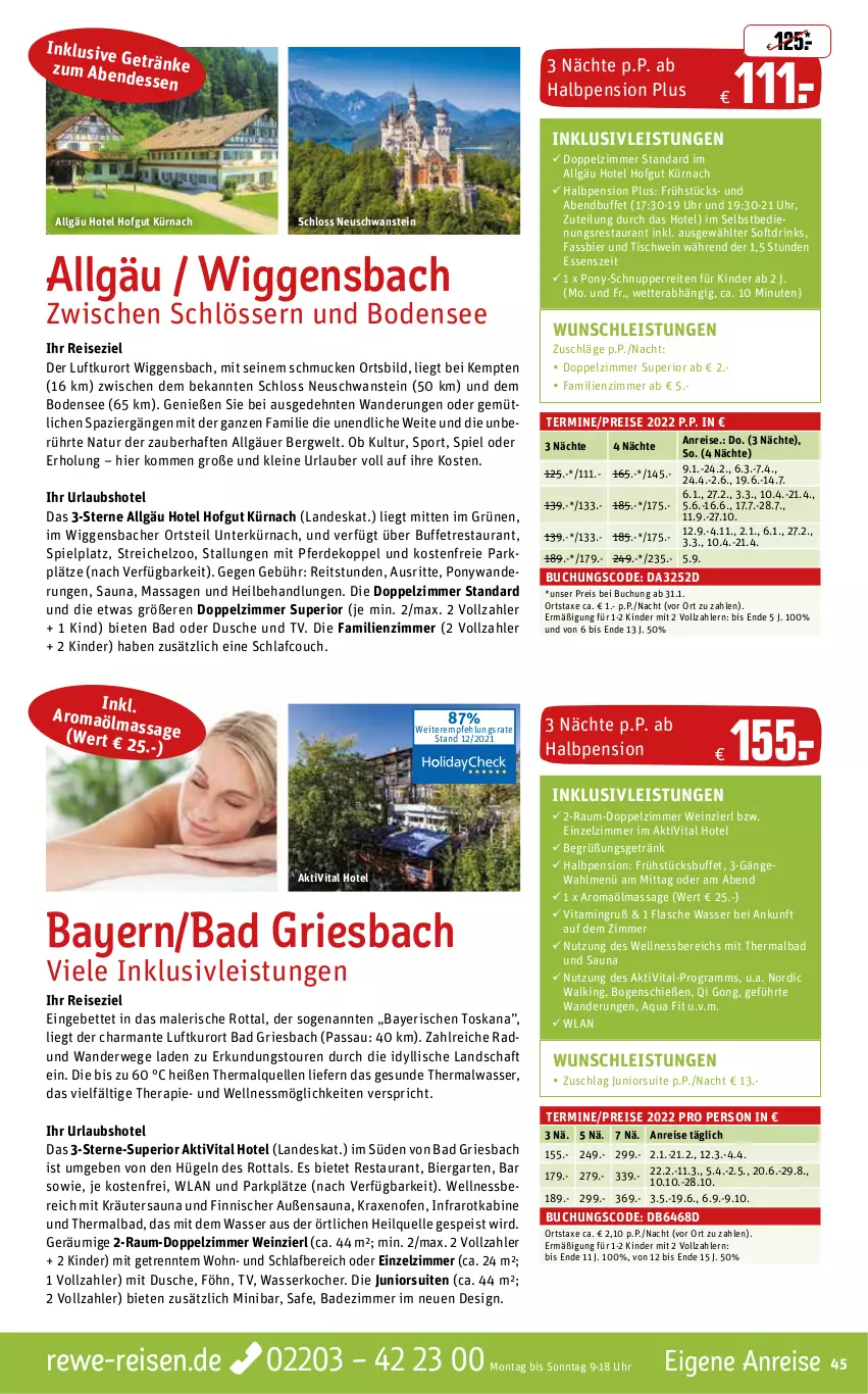 Aktueller Prospekt Rewe Reisen - Reiseprospekt - von 23.12.2021 bis 31.01.2022 - strona 45 - produkty: Alwa, aqua, axe, Bad, bett, bier, buch, Couch, drink, drinks, dusche, eier, eis, elle, erde, flasche, Garten, getränk, harman, hofgut, inklusivleistungen, Kinder, Kocher, kräuter, leine, LG, natur, Ofen, reis, rwe, Schmuck, schwein, Sport, Ti, tisch, uhr, vita, wasser, wasserkocher, wein, wellnessbereich