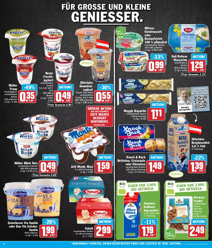 Aktueller Prospekt Hit - Wochenprospekt - von 05.02 bis 10.02.2024 - strona 8 - produkty: alpenmilch, auer, aufstrich, baguette, Bau, Bauer, Becher, bio, brot, brotaufstrich, brötchen, Croissant, croissants, deli reform, dessert, eis, Falafel, flasche, froop, frucht, früchte, fruchtjoghurt, gewürz, gewürzquark, Heu, heumilch, hörnchen, joghur, joghurt, leine, margarine, meggle, milch, milram, mit pistazien, monte, Müller, müller froop, natur, natura, pistazien, quark, reis, schoko, Ti, vanille, zott, Zott Monte, ZTE