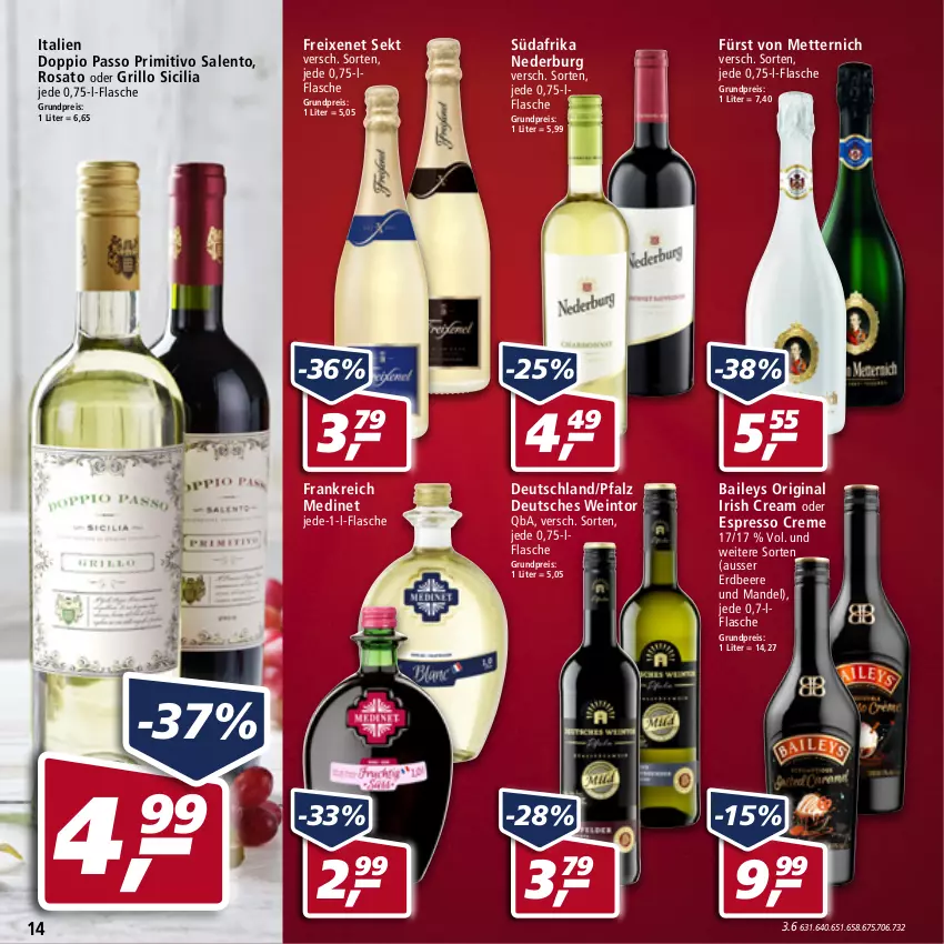 Aktueller Prospekt Real - von 30.05 bis 04.06.2022 - strona 14 - produkty: baileys, beere, creme, doppio passo, eis, erdbeere, espresso, flasche, freixenet, fürst von metternich, gin, grill, grillo, irish cream, mandel, medinet, Mett, metternich, nederburg, oder espresso, passo, primitivo, reis, rosato, sekt, Ti, wein