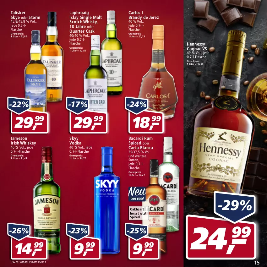 Aktueller Prospekt Real - von 30.05 bis 04.06.2022 - strona 15 - produkty: arlo, bacardi, bacardi rum, Cognac, eis, flasche, irish whiskey, islay single malt, jameson, laphroaig, oakheart, reis, rum, scotch, scotch whisky, single malt, skyy, Skyy Vodka, vodka, whiskey, whisky