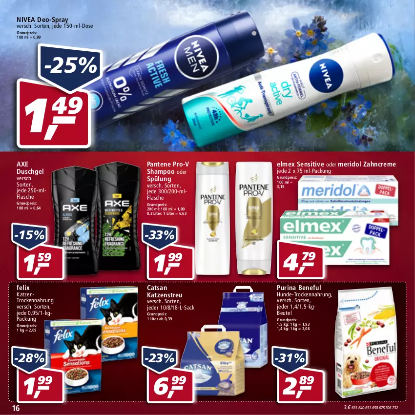 Aktueller Prospekt Real - von 30.05 bis 04.06.2022 - strona 16 - produkty: axe, axe duschgel, beutel, catsan, creme, deo, duschgel, eis, elmex, felix, flasche, Katzenstreu, meridol, nivea, pantene, pantene pro-v, pro-v, purina, reis, sac, shampoo, shampoo oder spülung, spülung, Ti, Trockennahrung, zahncreme