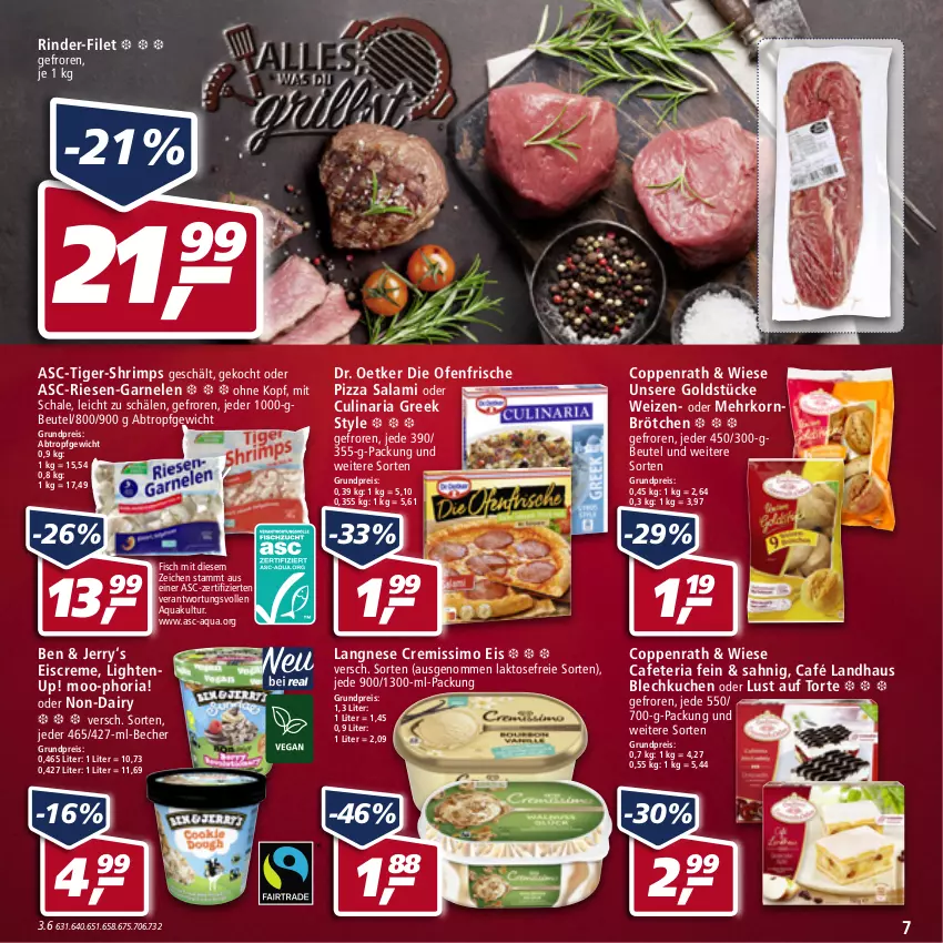 Aktueller Prospekt Real - von 30.05 bis 04.06.2022 - strona 7 - produkty: aqua, Becher, beutel, brötchen, Café Landhaus, coppenrath, creme, cremissimo, culinaria, die ofenfrische, Dr. Oetker, eis, eiscreme, filet, fisch, garnelen, Goldstücke, korn, kuchen, langnese, langnese cremissimo, Lust auf Torte, mehrkornbrötchen, Ofen, pizza, reis, Ria, Riesen-Garnelen, rind, rinder, salami, Schal, Schale, sim, Ti, torte