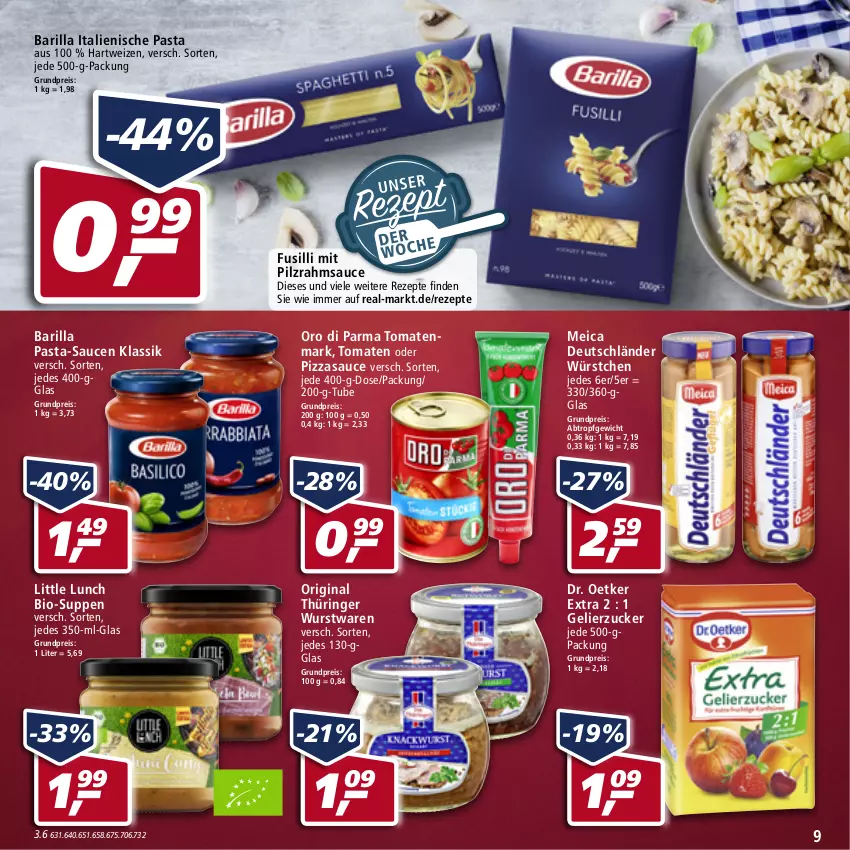 Aktueller Prospekt Real - von 30.05 bis 04.06.2022 - strona 9 - produkty: barilla, bio, Dr. Oetker, eis, fusilli, gelierzucker, gin, hartweizen, italienische pasta, meica, original thüringer, oro di parma, pasta, pasta-sauce, pizza, reis, rezept, rezepte, ring, sauce, saucen, suppe, suppen, tomate, tomaten, tomatenmark, wurst, würstchen, zucker