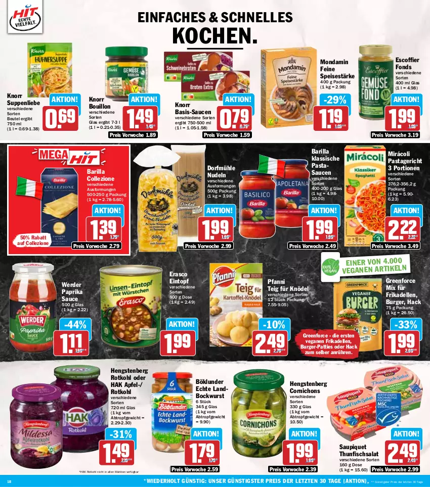 Aktueller Prospekt Hit - Wochenprospekt - von 23.09 bis 28.09.2024 - strona 10 - produkty: apfel, barilla, beutel, bockwurst, böklunder, burger, dell, eintopf, eis, elle, erasco, erde, fisch, frikadellen, hengstenberg, Knödel, knorr, Mirácoli, mondamin, nudel, nudeln, paprika, pasta, Pastagericht, pfanni, reis, rotkohl, salat, sauce, saucen, saupiquet, suppe, suppen, suppenliebe, thunfisch, Thunfischsalat, Ti, topf, wurst, ZTE