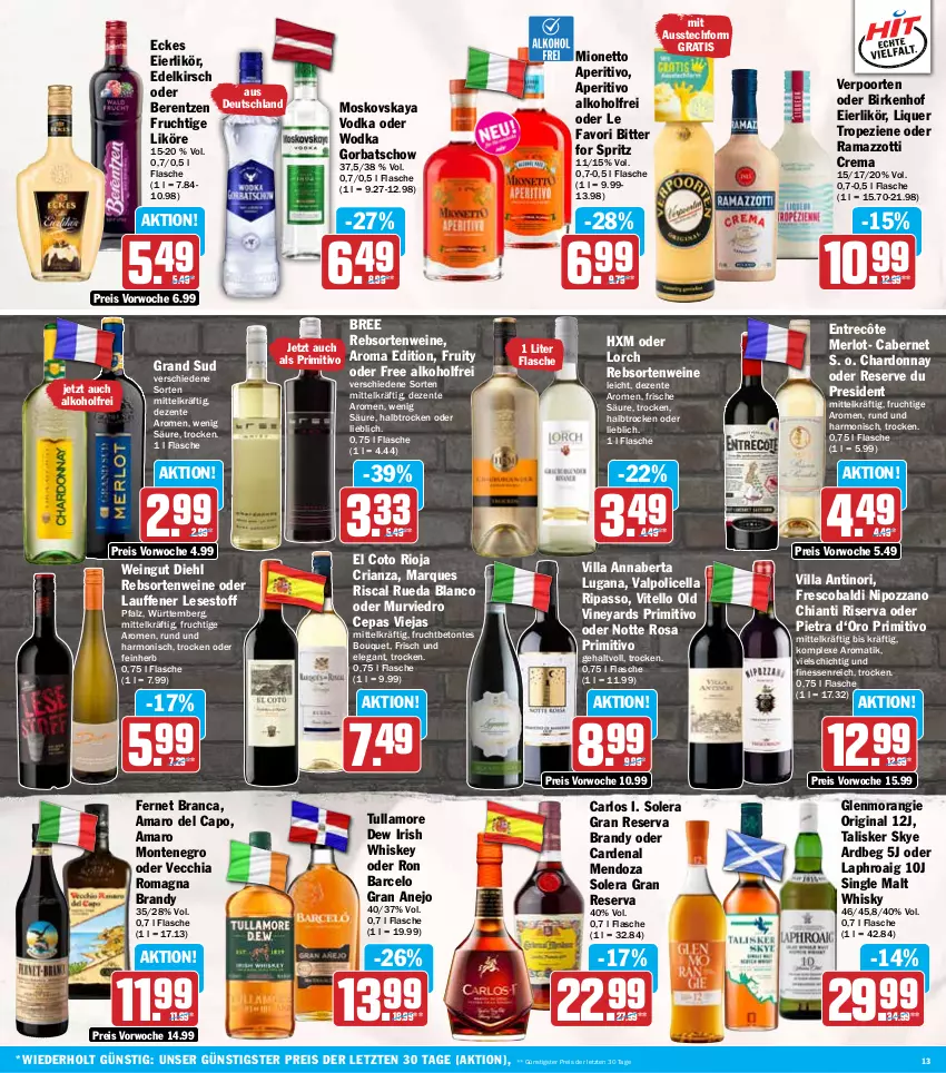 Aktueller Prospekt Hit - Wochenprospekt - von 23.09 bis 28.09.2024 - strona 13 - produkty: aldi, alkohol, amaro, Amaro del Capo, Ardbeg, arlo, berentzen, bree, cabernet, Cap, chardonnay, chia, chianti, eier, eierlikör, eis, ente, entrecôte, Fernet, fernet branca, finesse, flasche, frucht, gin, Gorbatschow, grand sud, irish whiskey, kirsch, laphroaig, likör, merl, merlot, mionetto, monte, moskovskaya, passo, primitivo, rama, ramazzott, ramazzotti, rebsortenweine, reis, Ria, rioja, riserva, single malt, Ti, tullamore, tullamore dew, Valpolicella, Vecchia Romagna, verpoorten, vodka, wein, weine, whiskey, whisky, wodka, zott, ZTE