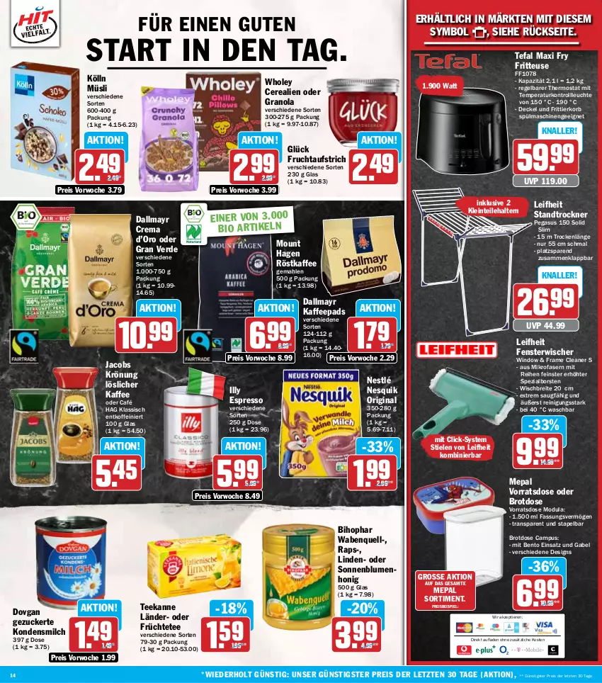 Aktueller Prospekt Hit - Wochenprospekt - von 23.09 bis 28.09.2024 - strona 14 - produkty: asus, aufstrich, bihophar, bio, blume, blumen, Brei, brot, Brotdose, cerealien, dallmayr, decke, Deckel, dovgan, eis, erde, espresso, fenster, fritteuse, Frittierkorb, frucht, fruchtaufstrich, früchte, Früchtetee, gabel, gin, honig, jacobs, jacobs krönung, kaffee, kaffeepads, kölln, kondensmilch, korb, leifheit, Leuchte, löslicher kaffee, mikrofaser, milch, müsli, nesquik, nestlé, Reinigung, reis, röstkaffee, sonnenblume, sonnenblumen, Spezi, spülmaschinen, tee, teekanne, tefal, thermostat, Ti, Tiere, Trockner, ZTE, zucker