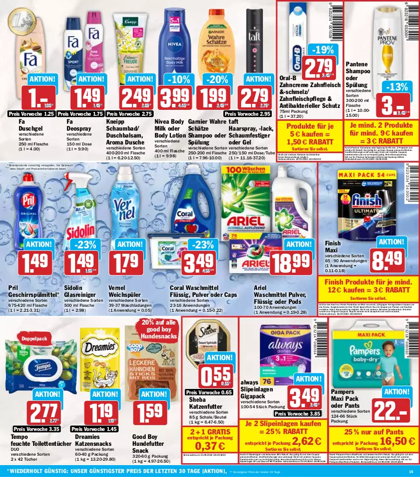 Aktueller Prospekt Hit - Wochenprospekt - von 23.09 bis 28.09.2024 - strona 15 - produkty: Alwa, Always, ariel, ariel waschmittel, Bad, balsam, beko, beutel, bio, biozidprodukte, body, body lotion, Cap, Coral, coupon, coupons, creme, deo, deospray, Discreet, dreamies, dusche, duschgel, eis, elle, erde, fa duschgel, Finish, flasche, fleisch, garnier, geschirr, geschirrspülmittel, gin, Glasreiniger, haarspray, HP, hundesnack, hundesnacks, katzenfutter, katzensnack, katzensnacks, kneipp, lack, Lotion, nivea, oral-b, pampers, pantene, Pants, Pods, pril, Rauch, reiniger, reis, rwe, salz, Schal, Schale, schaumbad, schaumfestiger, shampoo, sheba, sidolin, slip, slipeinlagen, snack, snacks, Spezi, spülmittel, spülung, Taft, Tempo, Ti, Tiere, toilettentücher, tücher, vernel, waschmittel, weichspüler, zahncreme, ZTE