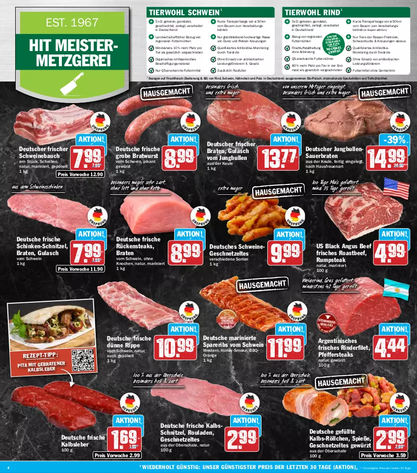 Aktueller Prospekt Hit - Wochenprospekt - von 23.09 bis 28.09.2024 - strona 4 - produkty: auer, Bau, Bauer, beef, bio, braten, bratwurst, eis, ente, filet, fleisch, Geflügel, geschnetzeltes, gewürz, grobe bratwurst, gulasch, jungbullen, Kalbsleber, kalbsschnitzel, Kette, lack, mais, Meister, monitor, natur, orange, pfeffer, pute, reis, Ria, rind, rinder, rinderfilet, ring, roastbeef, rouladen, Rückensteak, rückensteaks, rum, rumpsteak, Schal, Schale, schinken, schnitzel, schwein, schweine, Schweinebauch, spareribs, Spezi, Sport, steak, steaks, Ti, Tiere, tisch, wein, weine, Weste, wurst, Zelt, ZTE