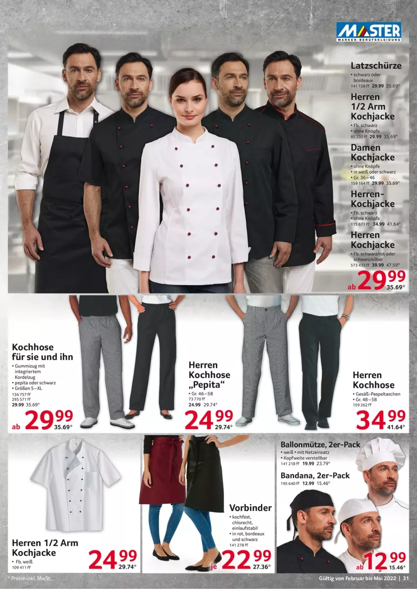 Aktueller Prospekt Selgros - Gastronomie - von 01.02 bis 31.05.2022 - strona 31 - produkty: ball, hose, Jacke, kleid, Kleidung, Mütze, Schürze, Tasche, taschen