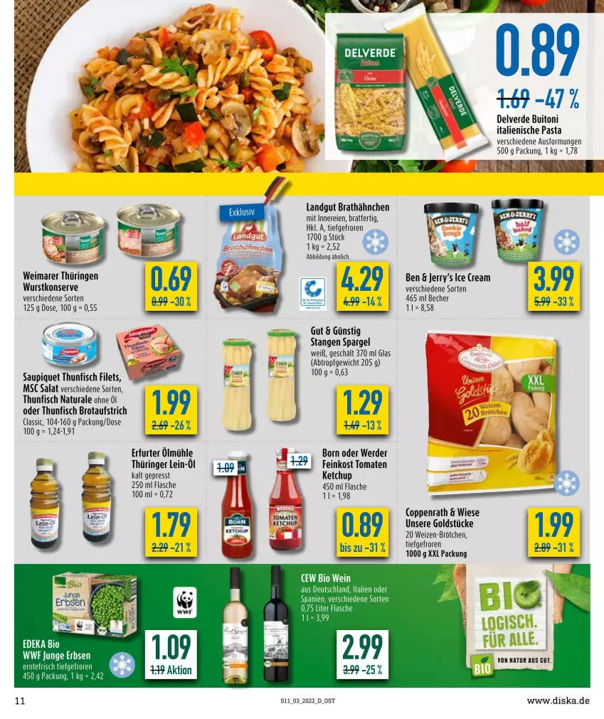 Aktueller Prospekt Diska - Prospekte - von 17.01 bis 22.01.2022 - strona 11 - produkty: aufstrich, Becher, bio, brot, brotaufstrich, brötchen, buitoni, coppenrath, erbsen, erde, feinkost, filet, filets, fisch, flasche, Goldstücke, italienische pasta, junge erbsen, ketchup, landgut, natur, natura, pasta, ring, salat, saupiquet, spargel, thunfisch, thunfisch filets, Ti, tomate, tomaten, wein, wurst