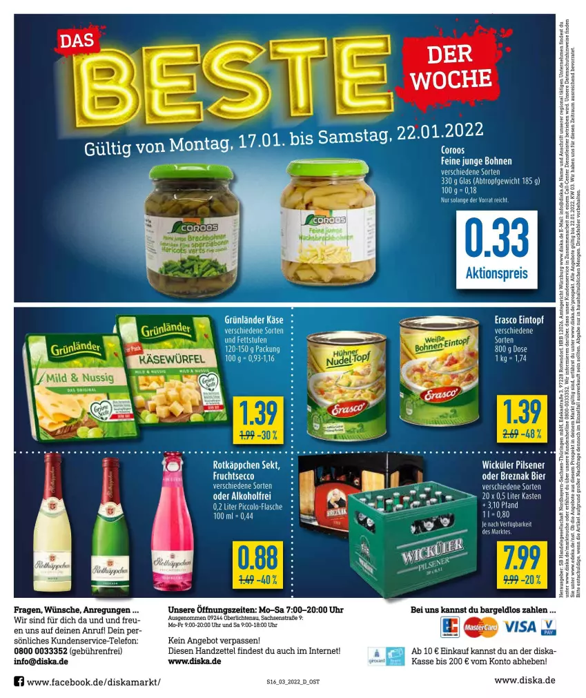 Aktueller Prospekt Diska - Prospekte - von 17.01 bis 22.01.2022 - strona 16 - produkty: alkohol, angebot, angebote, Astra, bohne, bohnen, deka, ecco, eintopf, eis, ente, erasco, flasche, frucht, fruchtsecco, leine, ring, rotkäppchen, sac, sekt, tee, telefon, Ti, topf, uhr