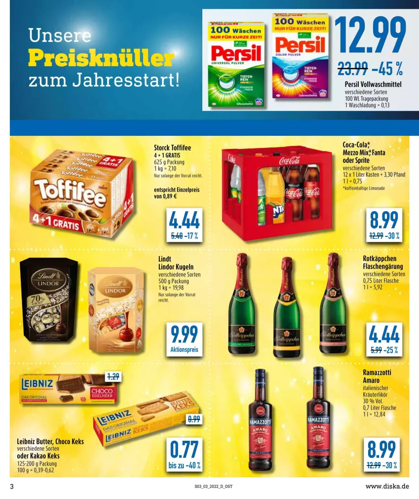 Aktueller Prospekt Diska - Prospekte - von 17.01 bis 22.01.2022 - strona 3 - produkty: aktionspreis, amaro, butter, coca-cola, cola, eis, fanta, flasche, kakao, keks, kräuter, kräuterlikör, Kugel, leibniz, likör, limo, limonade, lindor, lindt, oder sprite, persil, rama, ramazzott, ramazzotti, reis, rotkäppchen, sprite, storck, Ti, toffifee, vollwaschmittel, waschmittel, zott