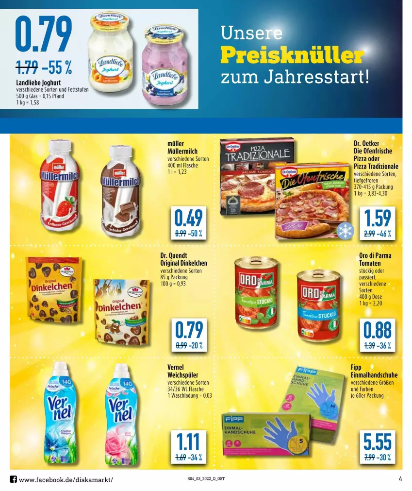 Aktueller Prospekt Diska - Prospekte - von 17.01 bis 22.01.2022 - strona 4 - produkty: die ofenfrische, Dr. Oetker, flasche, gin, handschuhe, joghur, joghurt, landliebe, landliebe joghurt, milch, Müller, müllermilch, Ofen, oro di parma, pizza, schuhe, Ti, tomate, tomaten, tradizionale, vernel, weichspüler