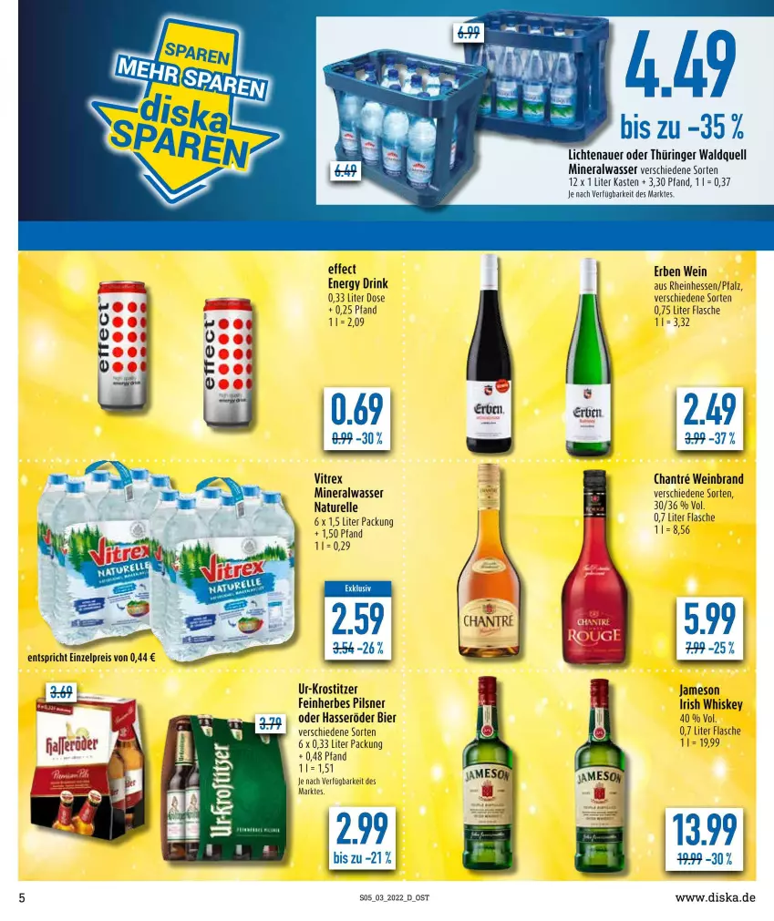 Aktueller Prospekt Diska - Prospekte - von 17.01 bis 22.01.2022 - strona 5 - produkty: Alwa, auer, bier, drink, Effect, elle, energy drink, flasche, hasseröder, irish whiskey, jameson, lichtenauer, mineralwasser, natur, pils, pilsner, rel, ring, Ti, vitrex, wasser, wein, weinbrand, whiskey