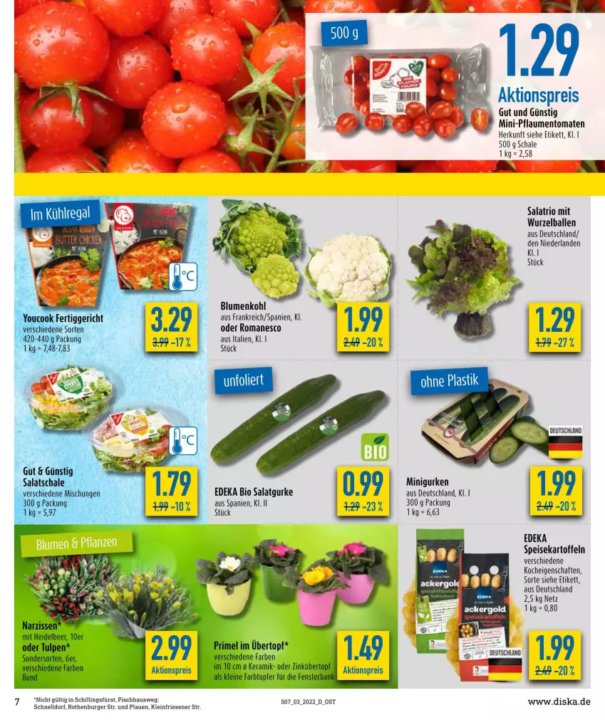 Aktueller Prospekt Diska - Prospekte - von 17.01 bis 22.01.2022 - strona 7 - produkty: ackergold, aktionspreis, ball, bio, blume, blumen, blumenkohl, burger, deka, edeka bio, eis, fisch, gurke, gurken, kartoffel, kartoffeln, pflaume, pflaumen, reis, salat, Salatgurke, Schal, Schale, speisekartoffeln, Ti, tomate, tomaten