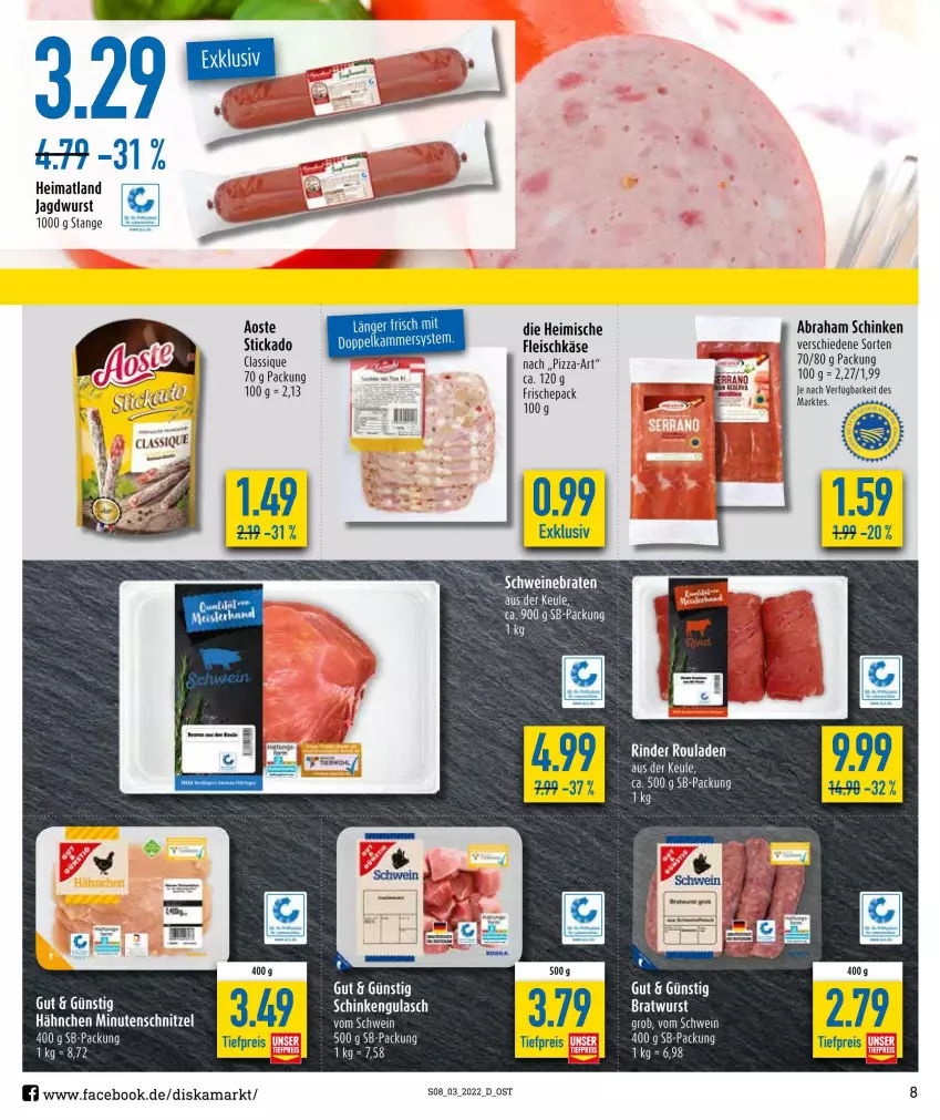 Aktueller Prospekt Diska - Prospekte - von 17.01 bis 22.01.2022 - strona 8 - produkty: eis, ente, fleisch, fleischkäse, jagdwurst, Käse, minutenschnitzel, pizza, reis, rind, rinder, rouladen, schinken, schnitzel, stickado, tee, Ti, tiefpreis, wurst