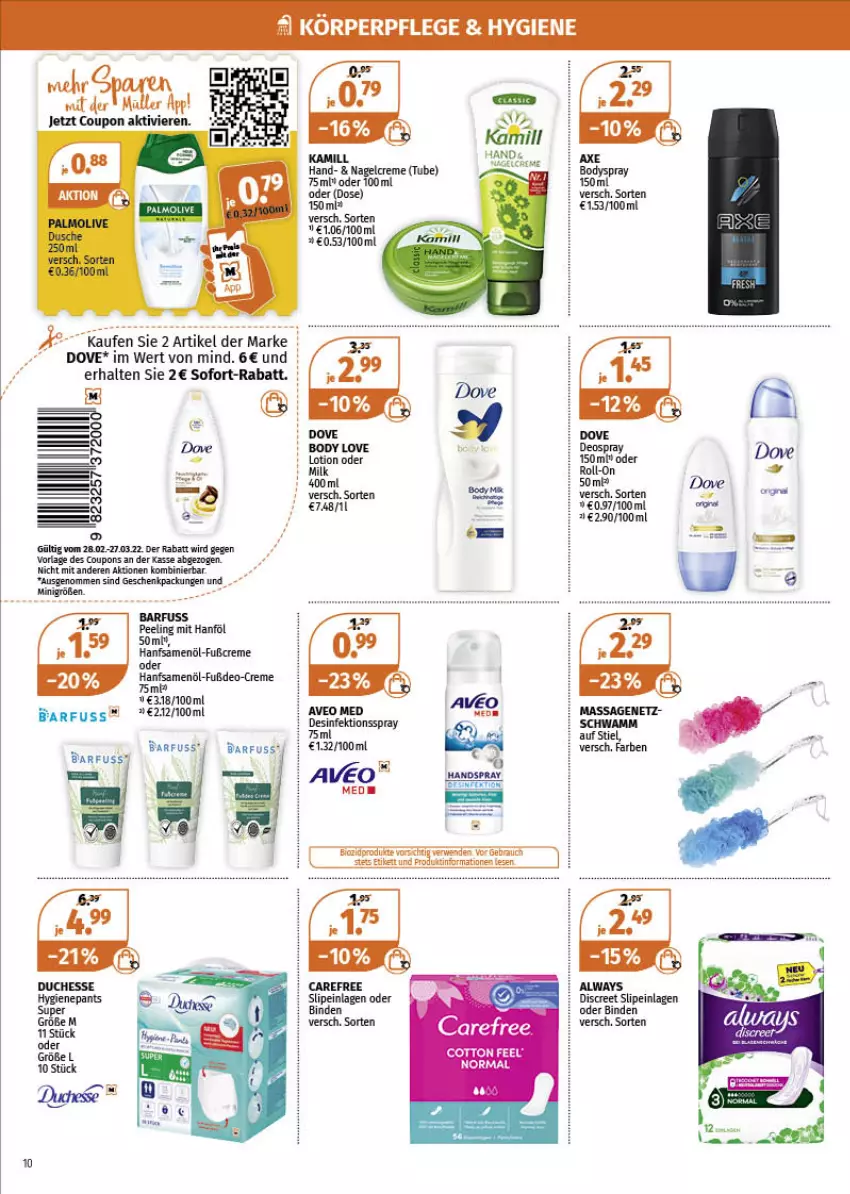 Aktueller Prospekt Mueller - Müller Prospekt - von 28.02 bis 05.03.2022 - strona 10 - produkty: aveo, bio, biozidprodukte, carefree, coupon, coupons, creme, deo, deospray, Desinfektion, Discreet, dove, Kamill, körperpflege, Peeling, Rauch, rwe, slip, slipeinlagen, sofort-rabatt, Ti