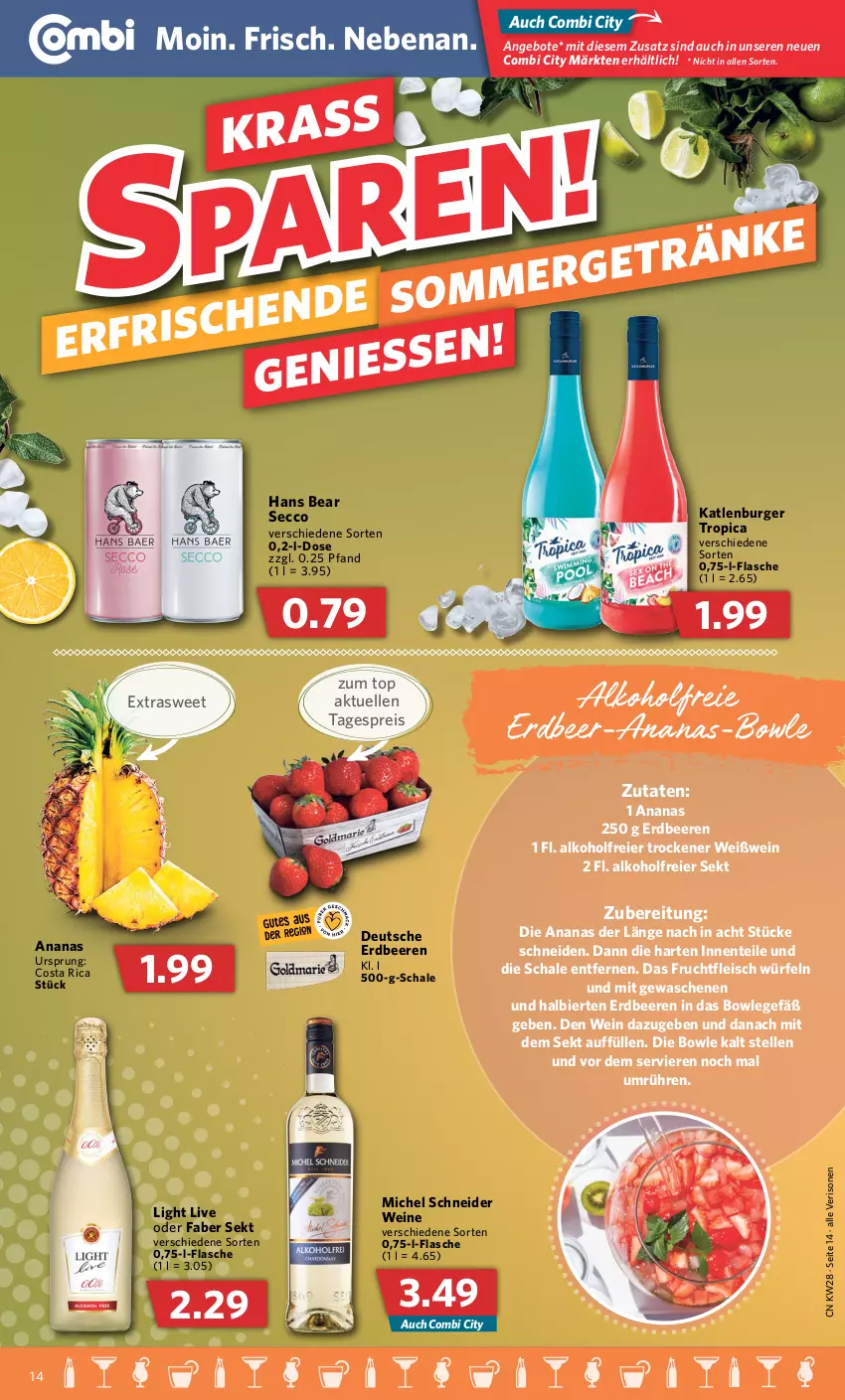 Aktueller Prospekt Combi - Prospekte - von 11.07 bis 16.07.2022 - strona 14 - produkty: alkohol, ananas, angebot, angebote, beere, beeren, bier, bowle, burger, ecco, eier, eis, elle, ente, erdbeere, erdbeeren, flasche, fleisch, frucht, fruchtfleisch, katlenburger, Michel Schneider, reis, Schal, Schale, sekt, wein, weine, Weißwein, würfel